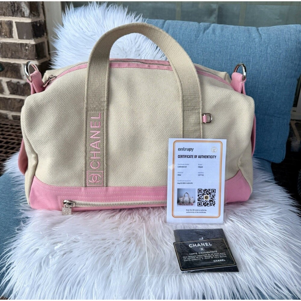 Vintage CHANEL Sports Duffle Boston Bag Pink Beige Canvas Silver CC 1990s